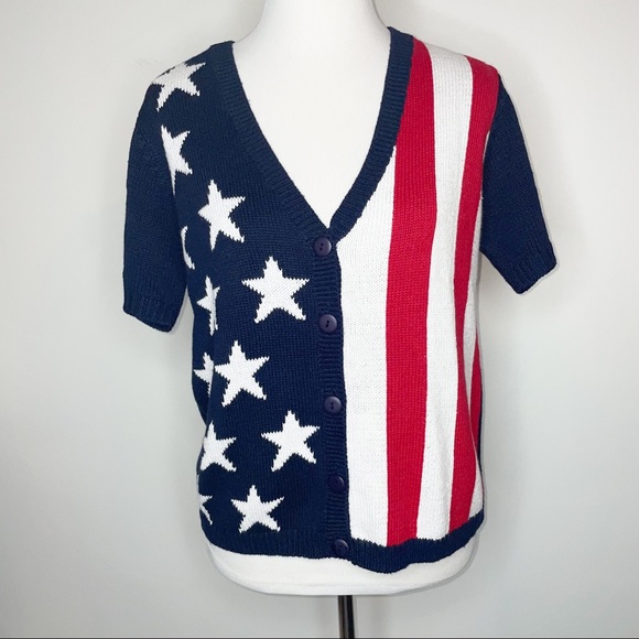 Patriotic USA Women's American Flag Knit Cardigan Sweater Red White Blue Small - Picture 2 of 10